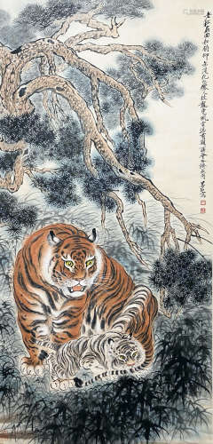 A CHINESE TIGER HANGING SCROLL PAINTING ZHANG SHANZI MARK