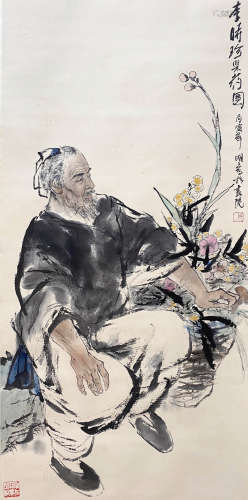 A CHINESE FIGURE HANGING SCROLL PAINTING WANG MINGMING MARK