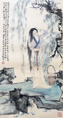 A CHINESE FIGURE HANGING SCROLL PAINTING LIU DANZHAI MARK