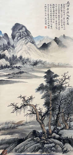 A CHINESE LANDSCAPE HANGING SCROLL PAINTING WU HUFAN MARK