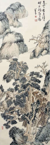 A CHINESE LANDSCAPE HANGING SCROLL PAINTING PU XINYU MARK