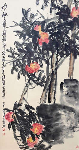 A CHINESE BIRD-AND-FLOWER HANGING SCROLL PAINTING WU CHANGSHUO MARK