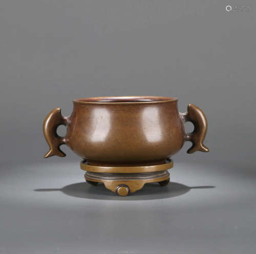 A COPPER DOUBLE-EARED SHAPED FISH CENSER