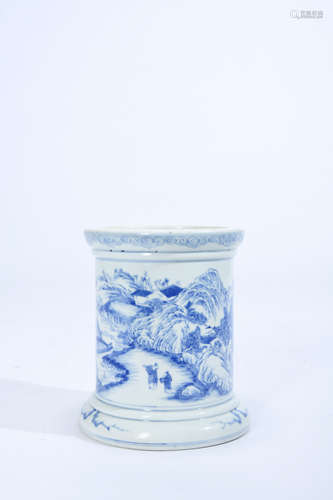 A BLUE AND WHITE LANDSCAPE AND FIGURE PORCELAIN BRUSH POT