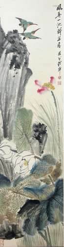 A CHINESE BIRD-AND-FLOWER HANGING SCROLL PAINTING CHENGZHANG MARK
