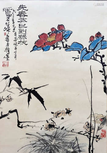 A CHINESE BIRD-AND-FLOWER HANGING SCROLL PAINTING PAN TIANSHOU MARK