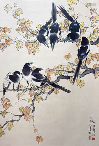 A CHINESE BIRD-AND-FLOWER HANGING SCROLL PAINTING XU BEIHONG MARK