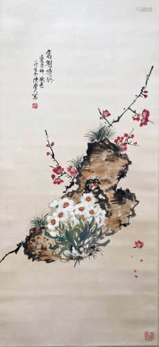 A CHINESE BIRD-AND-FLOWER HANGING SCROLL PAINTING CHEN SHUREN MARK