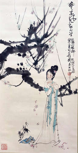 A CHINESE FIGURE HANGING SCROLL PAINTING LIU DANZHAI MARK