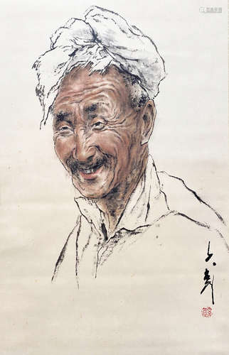 A CHINESE FIGURE HANGING SCROLL PAINTING WANG ZIWU MARK