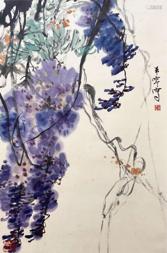 A CHINESE BIRD-AND-FLOWER HANGING SCROLL PAINTING YU XINING MARK