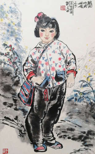 A CHINESE FIGURE HANGING SCROLL PAINTING LIU WENXI MARK