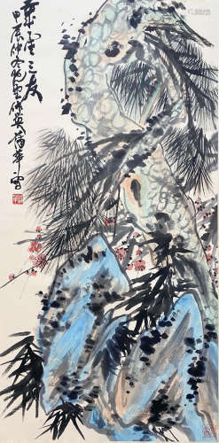 A CHINESE BIRD-AND-FLOWER HANGING SCROLL PAINTING PUHUA MARK
