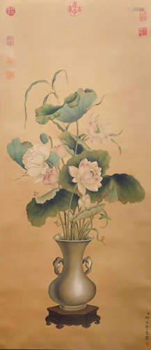 A CHINESE BIRD-AND-FLOWER HANGING SILK SCROLL LANG SHINING MARK