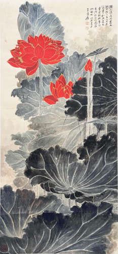 A CHINESE BIRD-AND-FLOWER HANGING SCROLL PAINTING ZHANG DAQIAN MARK