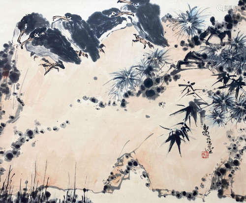 A CHINESE BIRD-AND-FLOWER HANGING SCROLL PAINTING PAN TIANSHOU MARK