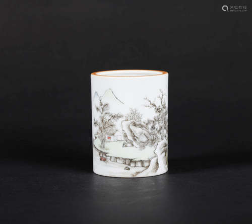 A LANDSCAPE PORCELAIN BRUSH POT