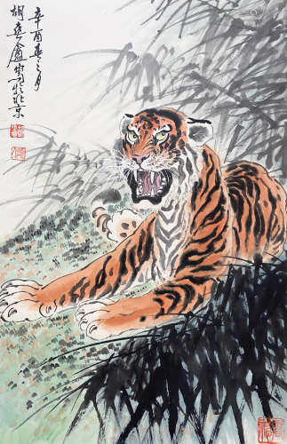 A CHINESE TIGER HANGING SCROLL PAINTING HUSHUANG MARK