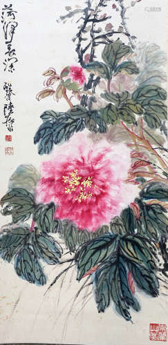 A CHINESE BIRD-AND-FLOWER HANGING SCROLL PAINTING LU YIFEI MARK