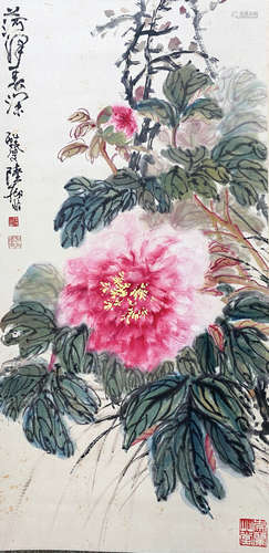 A CHINESE BIRD-AND-FLOWER HANGING SCROLL PAINTING LU YIFEI MARK