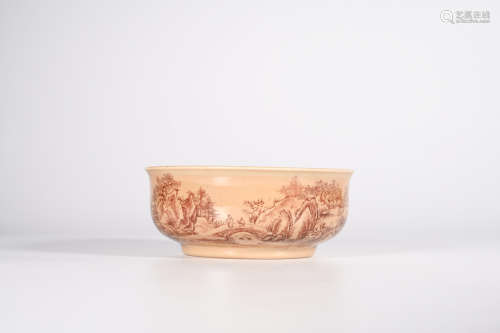 A YELLOW GROUND IRON RED LANDSCAPE PORCELAIN BOWL