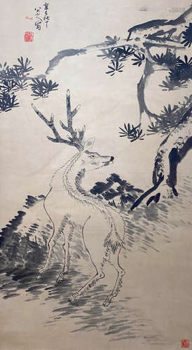 A CHINESE DEER HANGING SCROLL PAINTING ZHUDA MARK