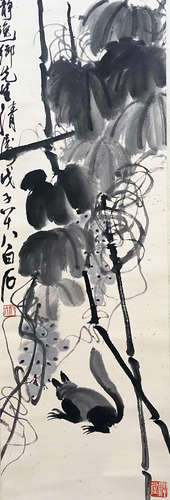 A CHINESE BIRD-AND-FLOWER HANGING SCROLL PAINTING QI BAISHI MARK