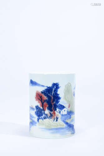 A BLUE AND WHITE UNDERGLAZE RED LANDSCAPE PORCELAIN BRUSH POT