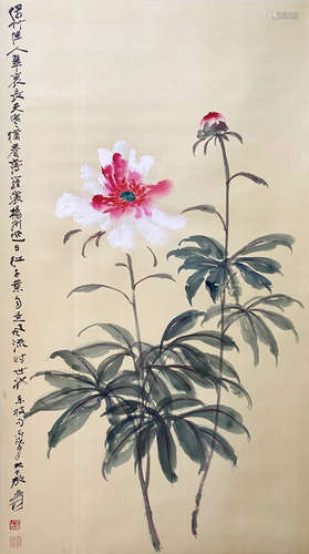 A CHINESE BIRD-AND-FLOWER HANGING SCROLL PAINTING ZHANG DAQIAN MARK