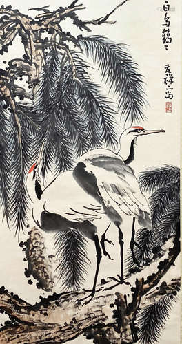 A CHINESE BIRD-AND-FLOWER HANGING SCROLL PAINTING LI KUCHAN MARK