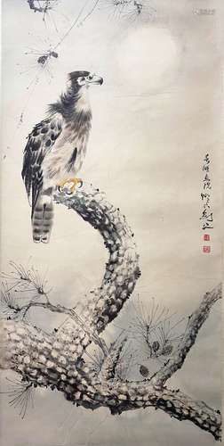 A CHINESE BIRD-AND-FLOWER HANGING SCROLL PAINTING GAO JIANFU MARK