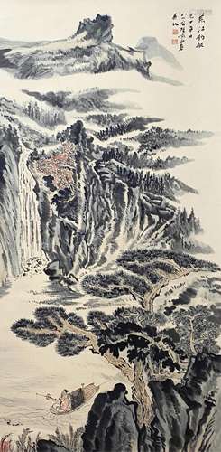 A CHINESE LANDSCAPE HANGING SCROLL PAINTING LU YANSHAO MARK