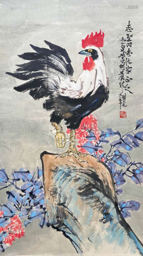 A CHINESE BIRD-AND-FLOWER HANGING SCROLL PAINTING LI JIANCHEN MARK