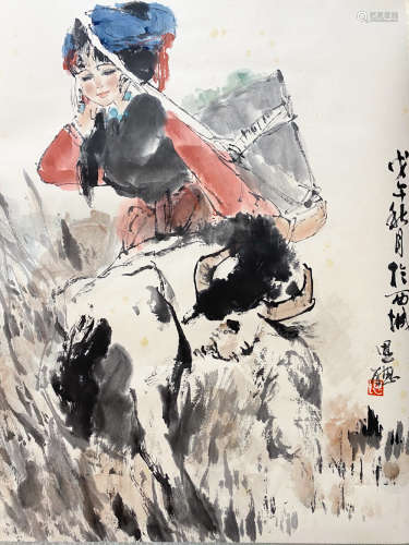 A CHINESE FIGURE HANGING SCROLL PAINTING ZHOU SICONG MARK
