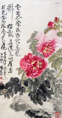 A CHINESE BIRD-AND-FLOWER HANGING SCROLL PAINTING LU YIFEI MARK