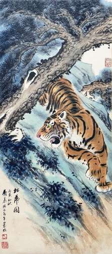 A CHINESE TIGER HANGING SCROLL PAINTING MULING MARK