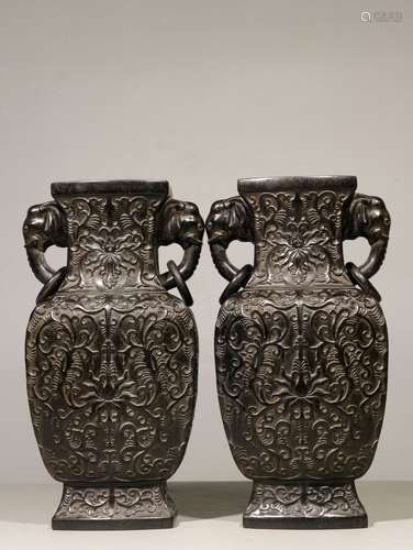 CHINESE CARVED ZITAN VASE SET