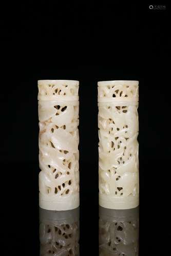 CHINESE PAIR OF HETIAN JADE INCENSE TUBES