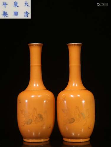 CHINESE ORANGE GLAZED VASE SET, KANGXI MARK