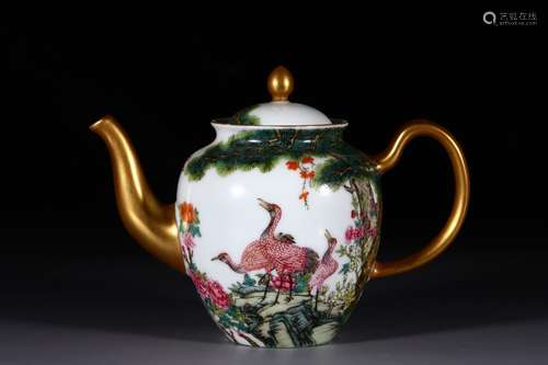 A Gilt Bronze Enameled Gilding Crane Painting Teapot