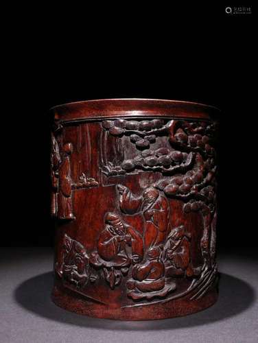 A Peer Wood Story Carved Brush Pot