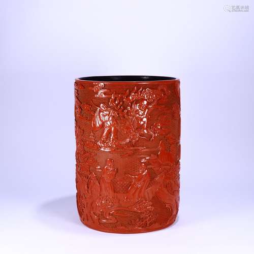 A Red Lacquerware Story Carved Pot