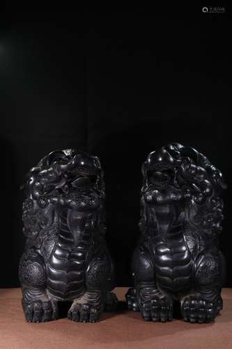 Pair Of Rosewood Beast Carved Ornament