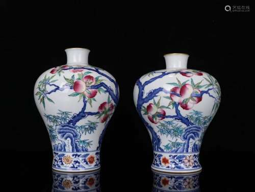 Pair Of Porcelain Blue&White Famille Rose Plum Bottles