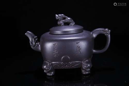 A Zisha Teapot With Beast Carving