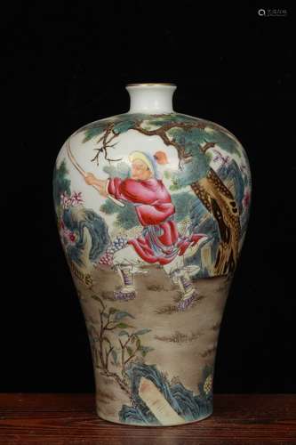 A Porcelain Famille Rose Story Painted Plum Bottle