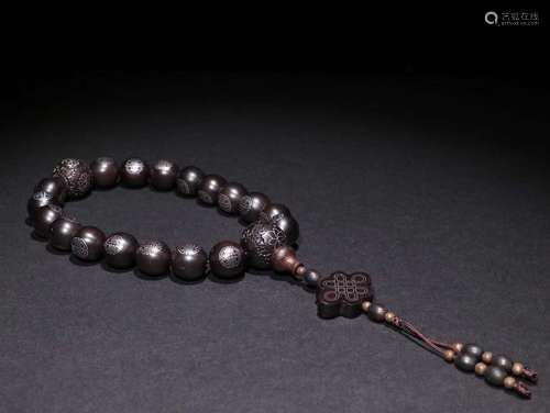 An Agarwood Silver Longevous Pattern 19-Bead Pendant