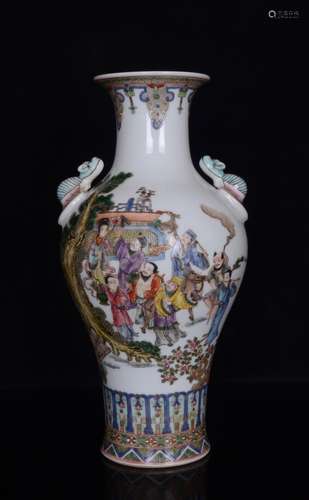 A Porcelain Famille Rose Story Pattern Ear Vase