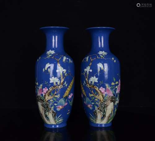 Pair Of Enameled Floral&Bird Vases