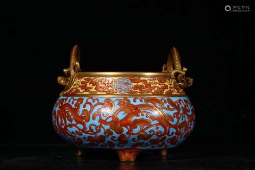 A Porcelain Enameled Gilt Dragon Carved Censer